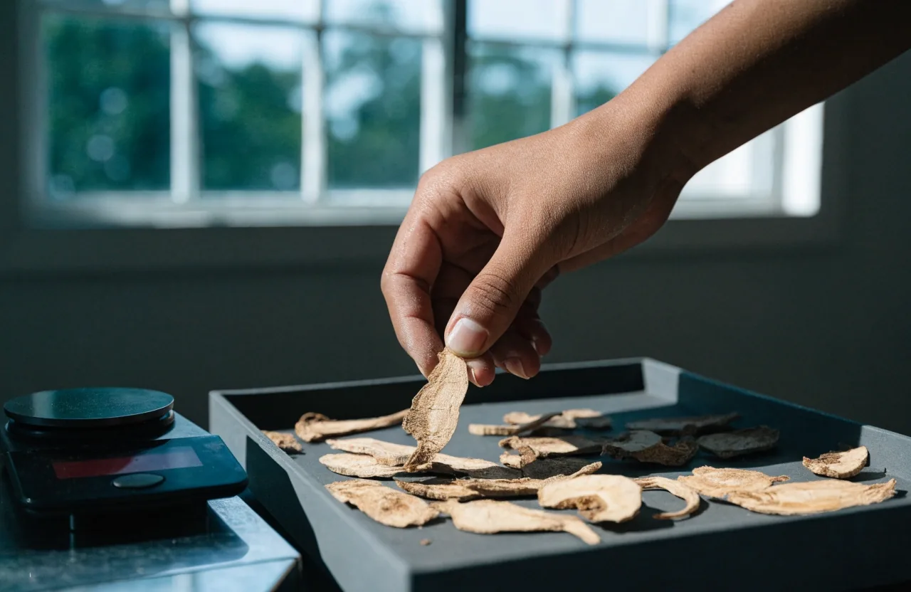 A low-lit open drawer of dried botanical roots and plain paper cards under a single reading lamp