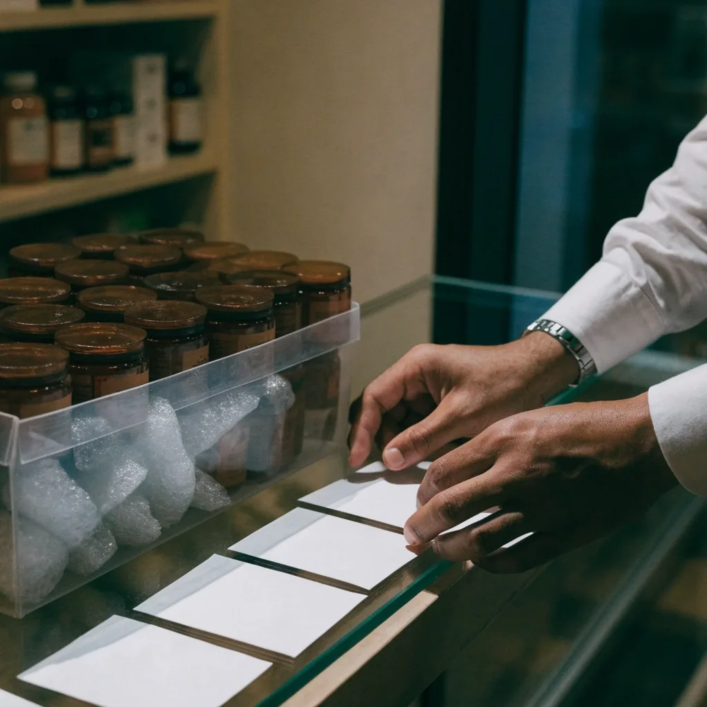 A shopkeeper arranging plain paper cards beside an open carton of unlabelled supplement jars in a small city shop