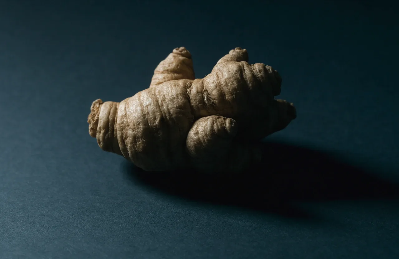 A dried panax ginseng root on matte dark card stock under one cool reading light
