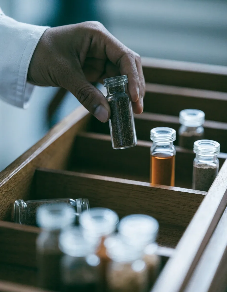 Row of unbranded amber supplement bottles on a matte counter in cool light